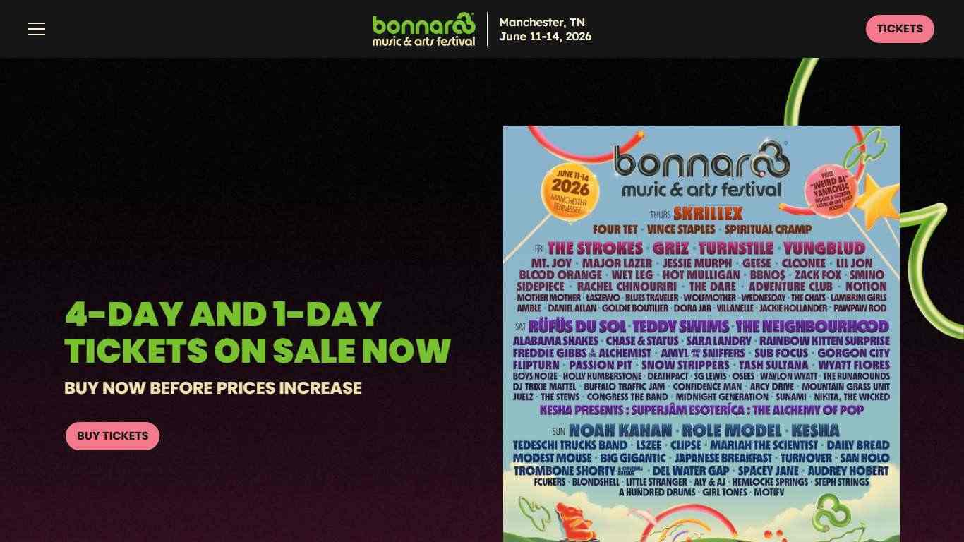 Bonnaroo Music & Arts Festival | Manchester, TN | June 11-14, 2026